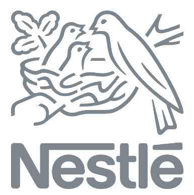 Logo officiel de Nestlé en gris, représentant un oiseau nourrissant ses petits dans un nid au-dessus du nom de l’entreprise.