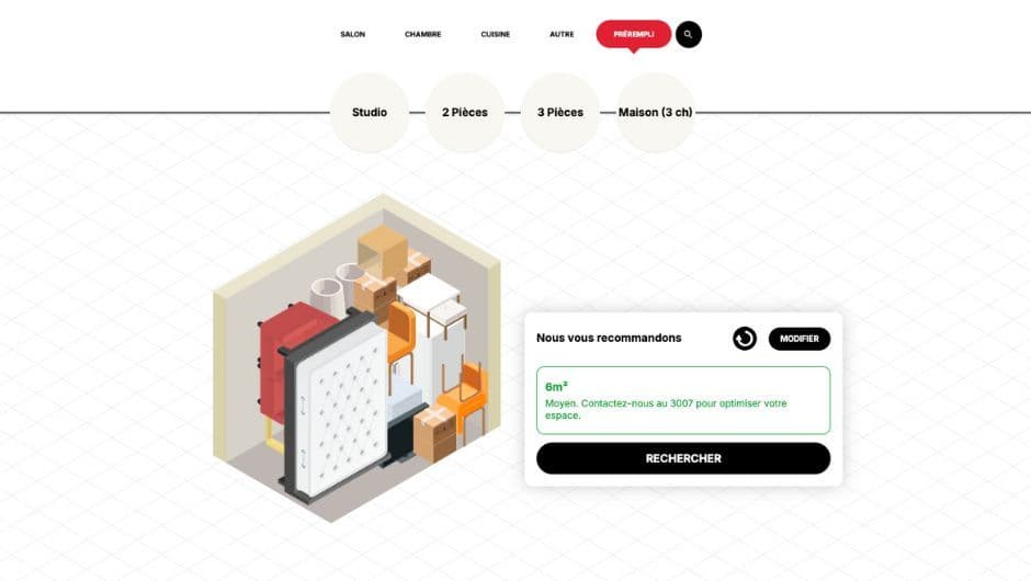 Capture d’écran du simulateur de taille de box de HOMEBOX