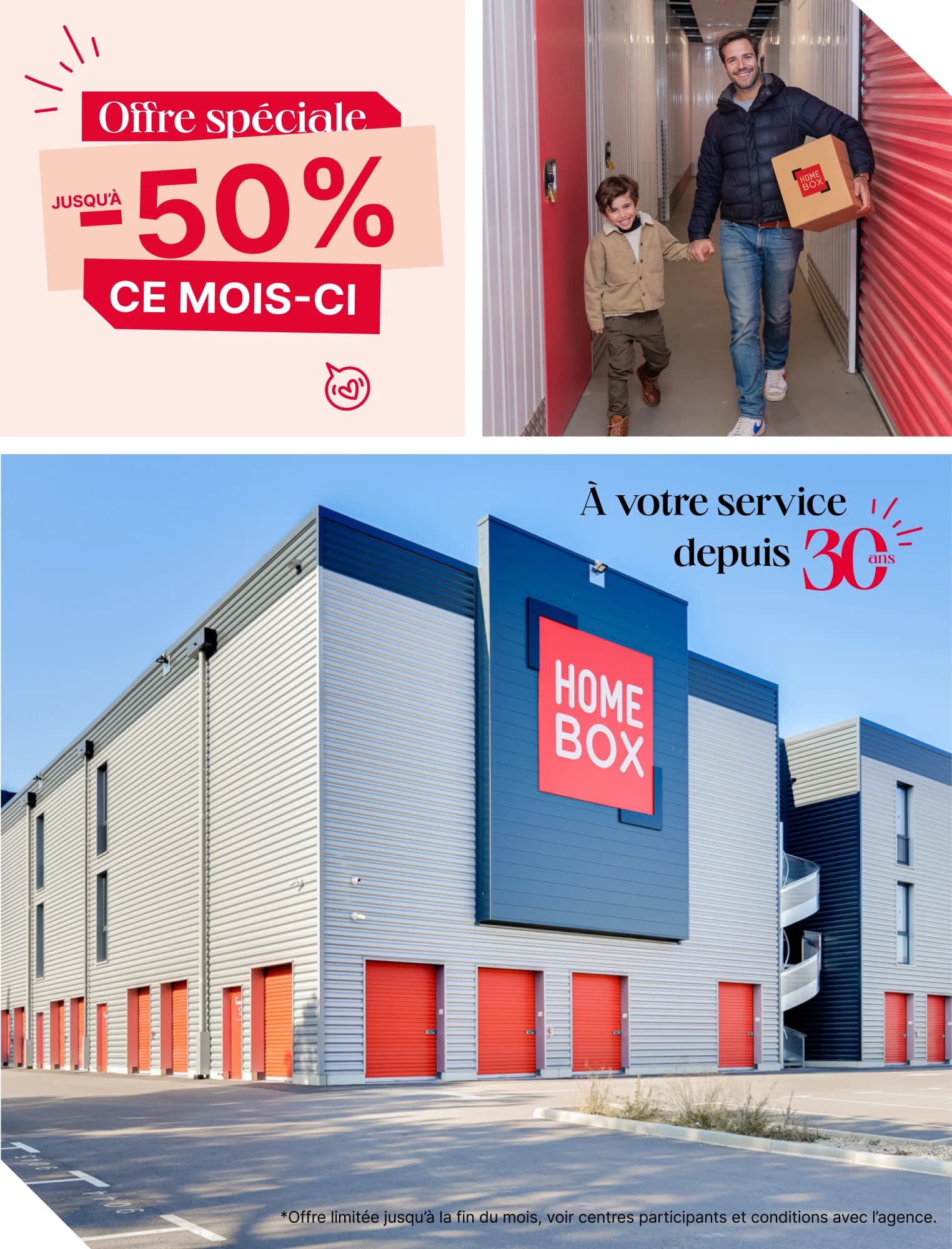 3 images, un centre HOMEBOX, un père avec un carton et son fils ainsi qu'une promotion nationales -50%